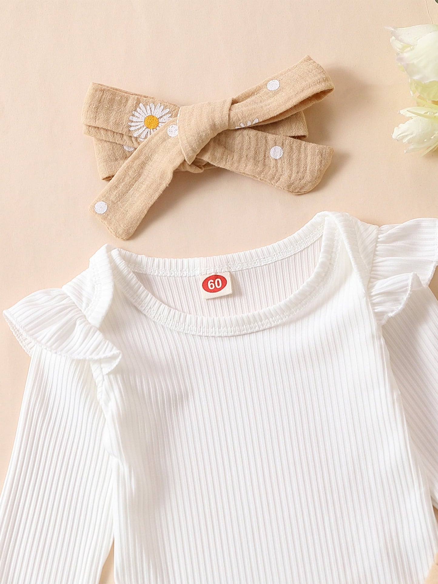 Qtinghua Newborn Baby Girls Fall Clothes Long Sleeve Ruffle Romper Daisy Print Belted Pants Headband Set Apricot 0-3 Months