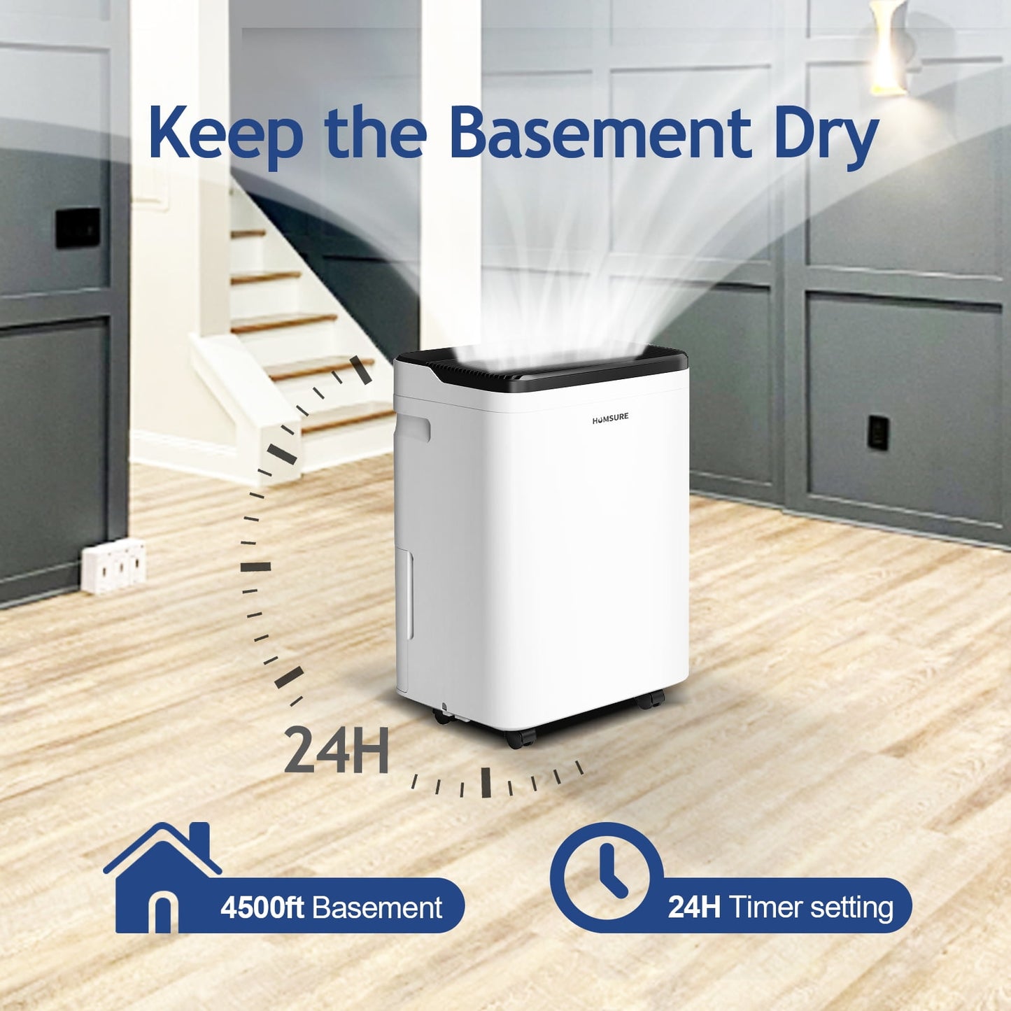 HUMSURE Dehumidifier (DOE Rating 19 pints/day) Pint 70 Pints Max for 4500 Sq. ft. for Basements Large Room Home Bathroom Dehumidifier with Drain Hose Intelligent Humidity Control