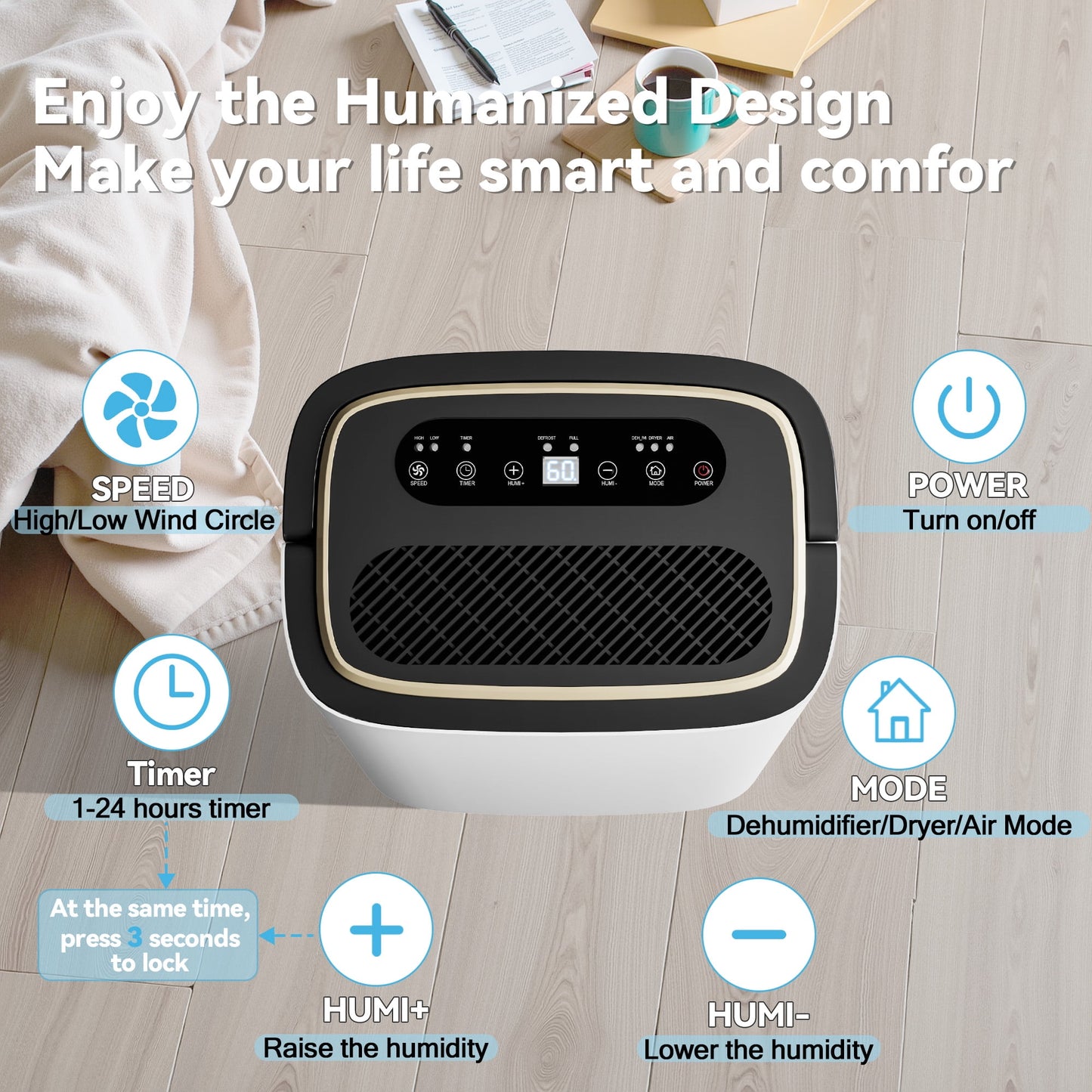 5000 Sq. Ft. Dehumidifier, Dehumidify/Dry/Feed Air Mode, Intelligent Humidity Control with Timer, Drainage Hose for Bedroom, Office, Basement, Laundry Room