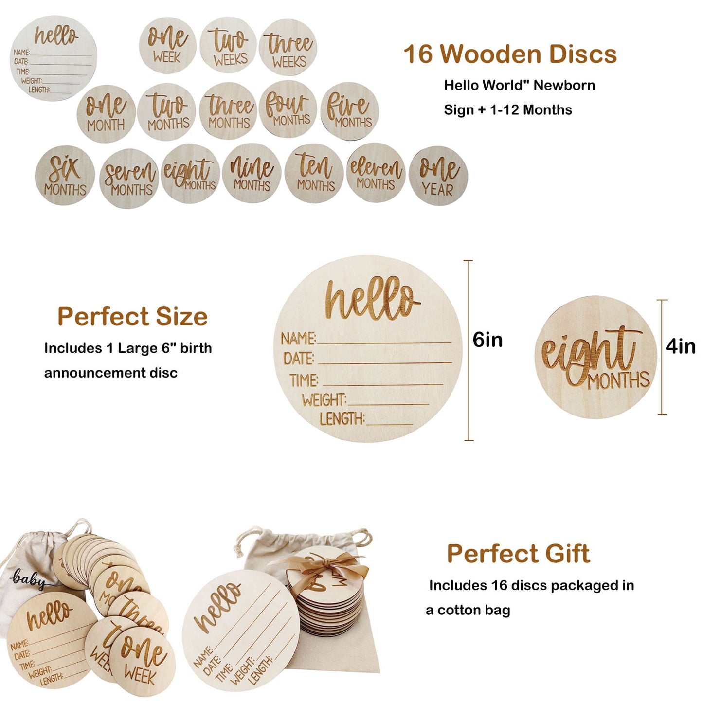 Monthly Baby Milestone Cards 16 Wooden Milestone Discs Includes Birth Announcement Sign Baby Shower/Gift Set, Baby Monthly Milestone Props Perfect for Newborn to Age 1 | Baby Shower/Gift Set