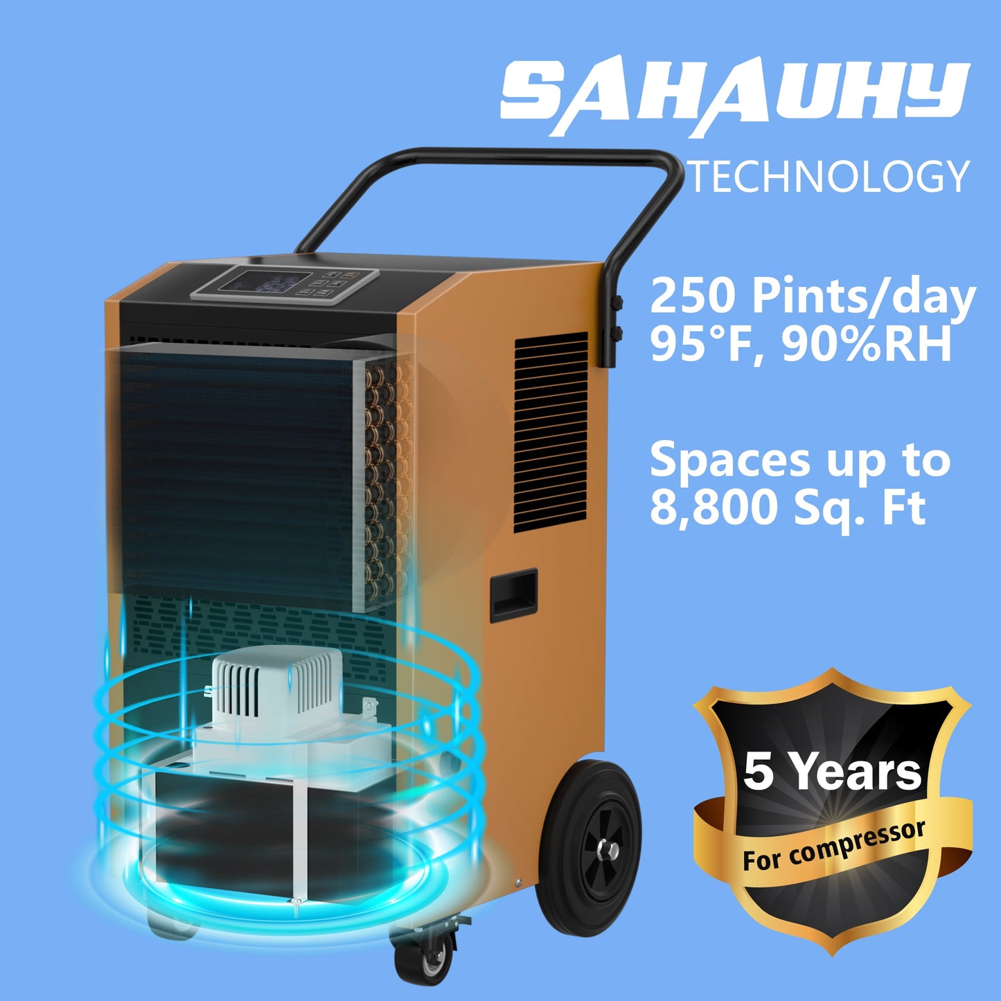 SAHAUHY 250 Pints Commercial Dehumidifier with Pump and Drain Hose for Basements and Large Spaces up to 8,800 Sq Ft,5 Years Warranty