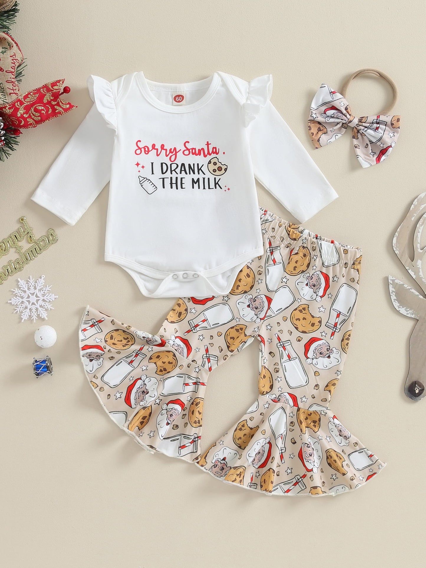 Newborn Baby Girls Clothes Christmas Outfits 3M 6M 12M Ruffle Long Sleeve Romper with Pants Headband Set