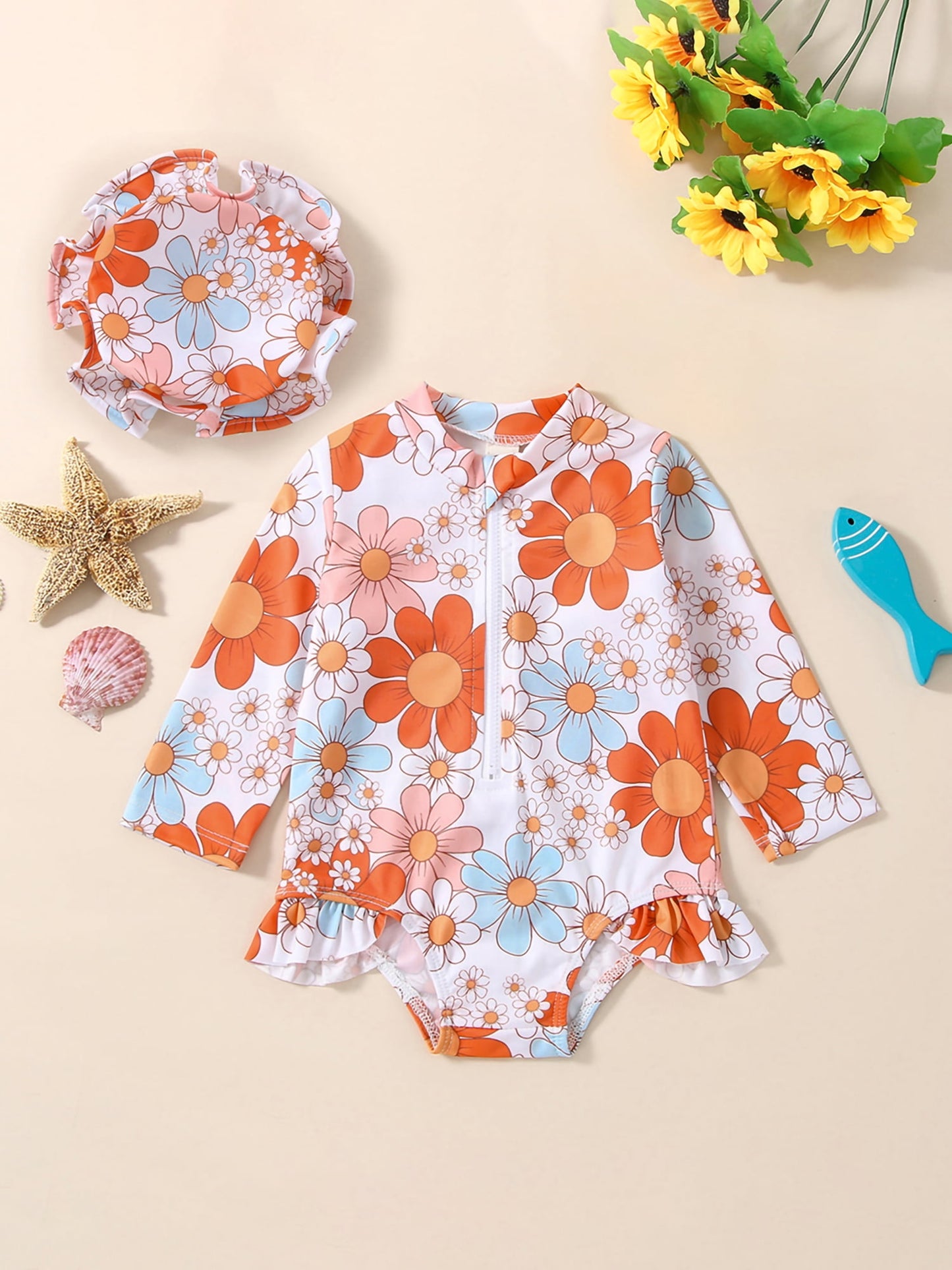 Baby Girls Swimsuit One Piece Floral Zipper Ruffle Bathing Suit Rash Guard Long Sleeve Summer Beach Swimwear