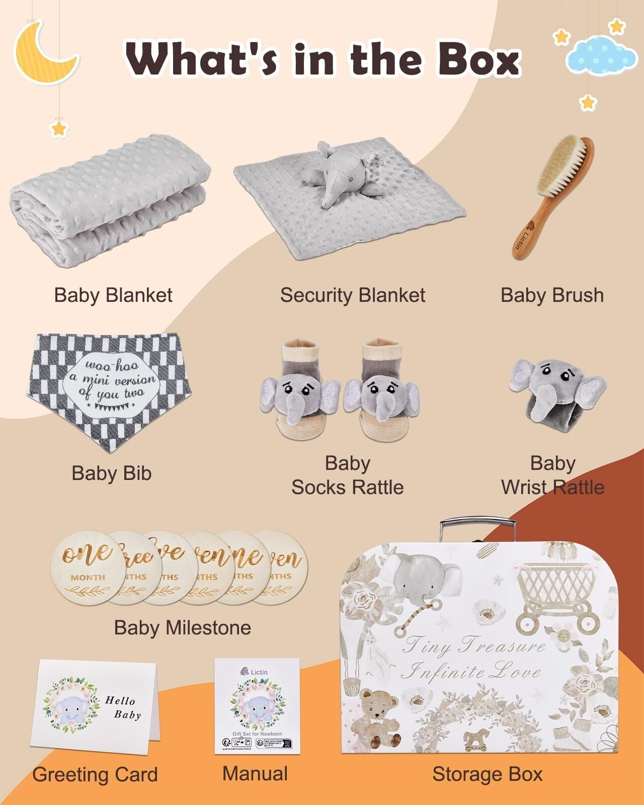 Lictin Baby Gift Set for Boys Girls, 14PCS Baby Shower Gifts, Neutral Newborn Gifts Basket with Baby Blanket, Monthly Milestone Cards, Elephant Security Blanket, Rattle Socks and Wrist