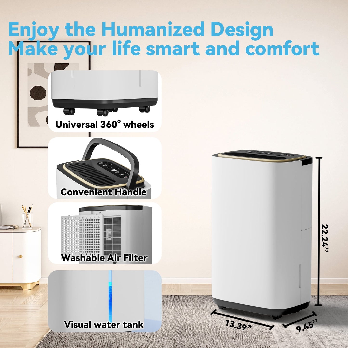 5000 Sq. Ft. Dehumidifier, Dehumidify/Dry/Feed Air Mode, Intelligent Humidity Control with Timer, Drainage Hose for Bedroom, Office, Basement, Laundry Room