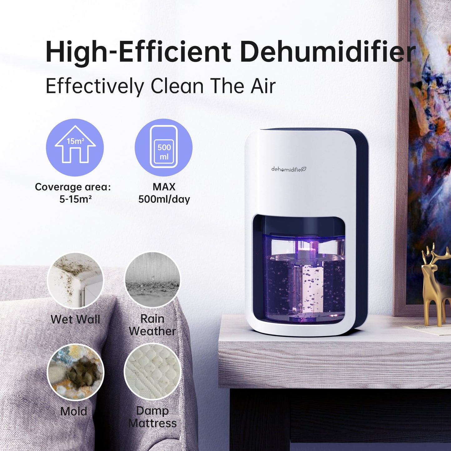 KLOUDIC 1200ml Ultra Quiet Dehumidifier with Automatic Defrosting for Home, 480 Sq ft