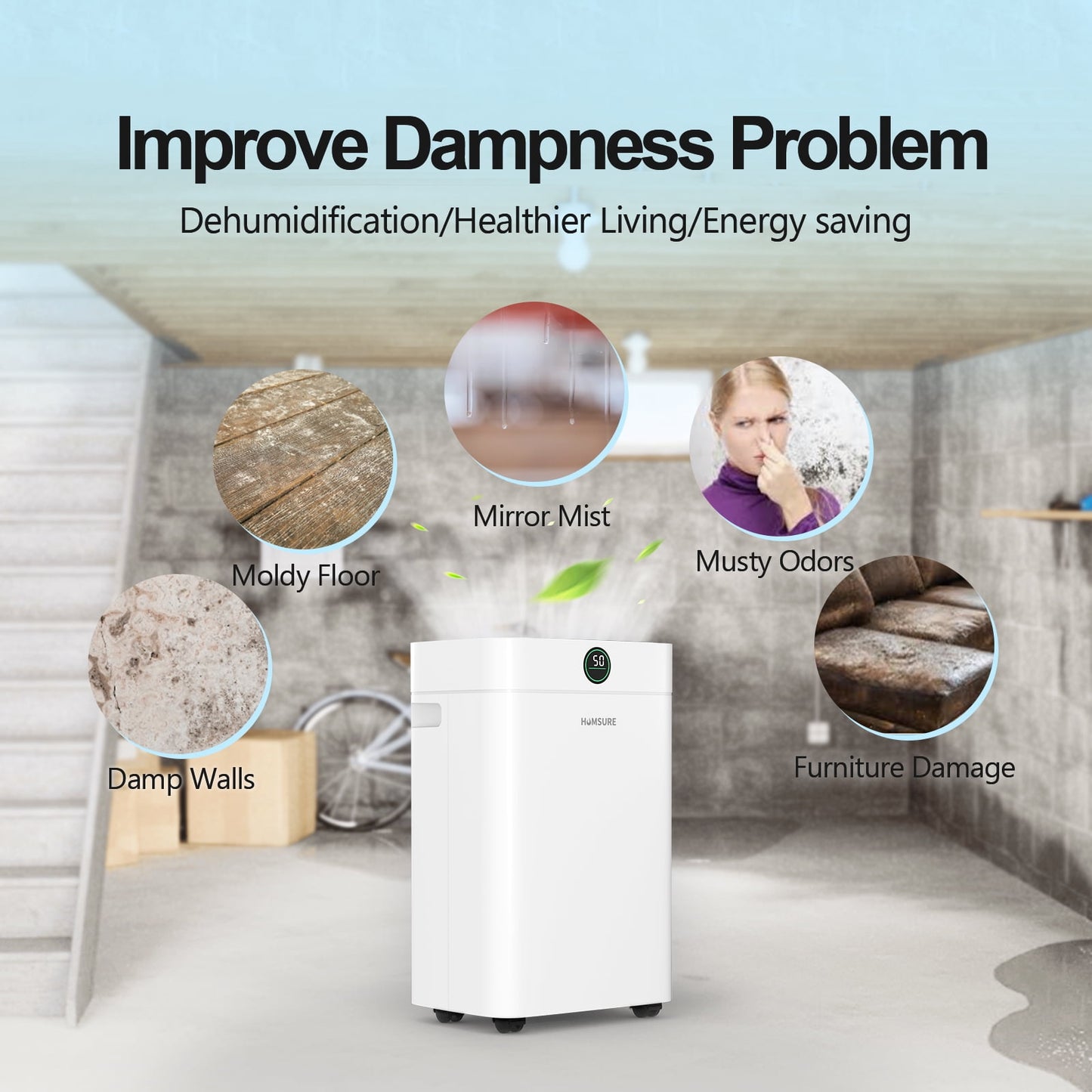 HUMSURE Dehumidifier (DOE Rating 12 pints/day) 50 Pint Max for Basements with Drain Hose, 3,500 Sq. ft. Dehumidifier for Large Home Bathroom and Bedroom