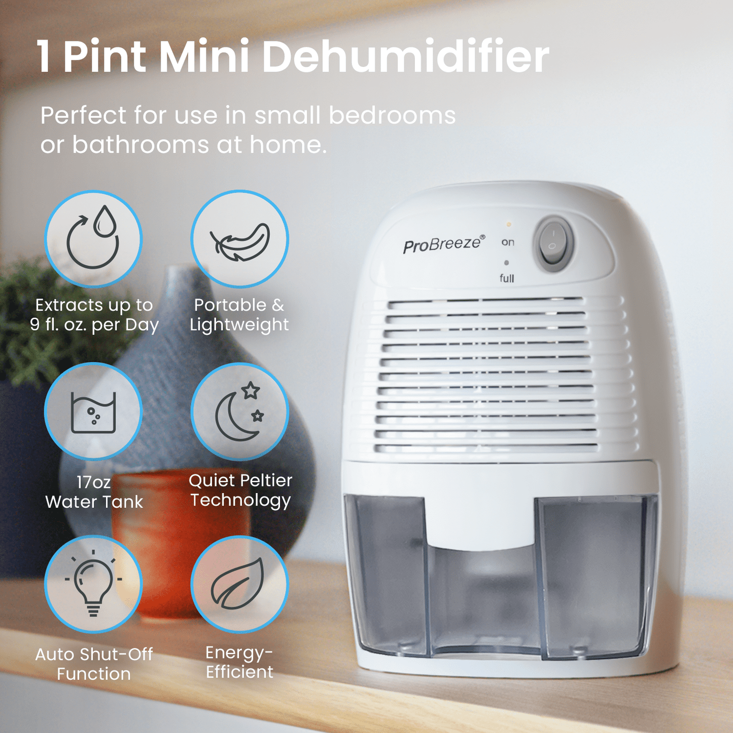 Pro Breeze Mini Portable Dehumidifier, 17oz Ultra Quiet Compact Peltier Dehumidifier, 215 Sqft 1pack