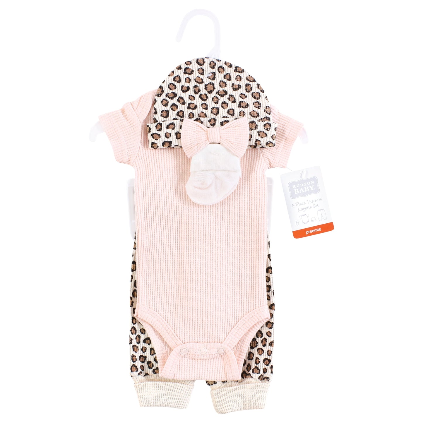 Hudson Baby Girls Thermal Preemie Layette Set 4pc Short Sleeve Outfit, Leopard, Preemie