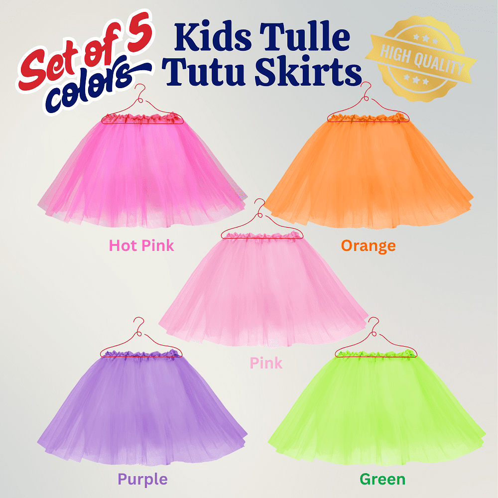 Dress Up America 15” Tutu Skirt Tulle Dress Ballerina Costume for Girls, 5-Pack