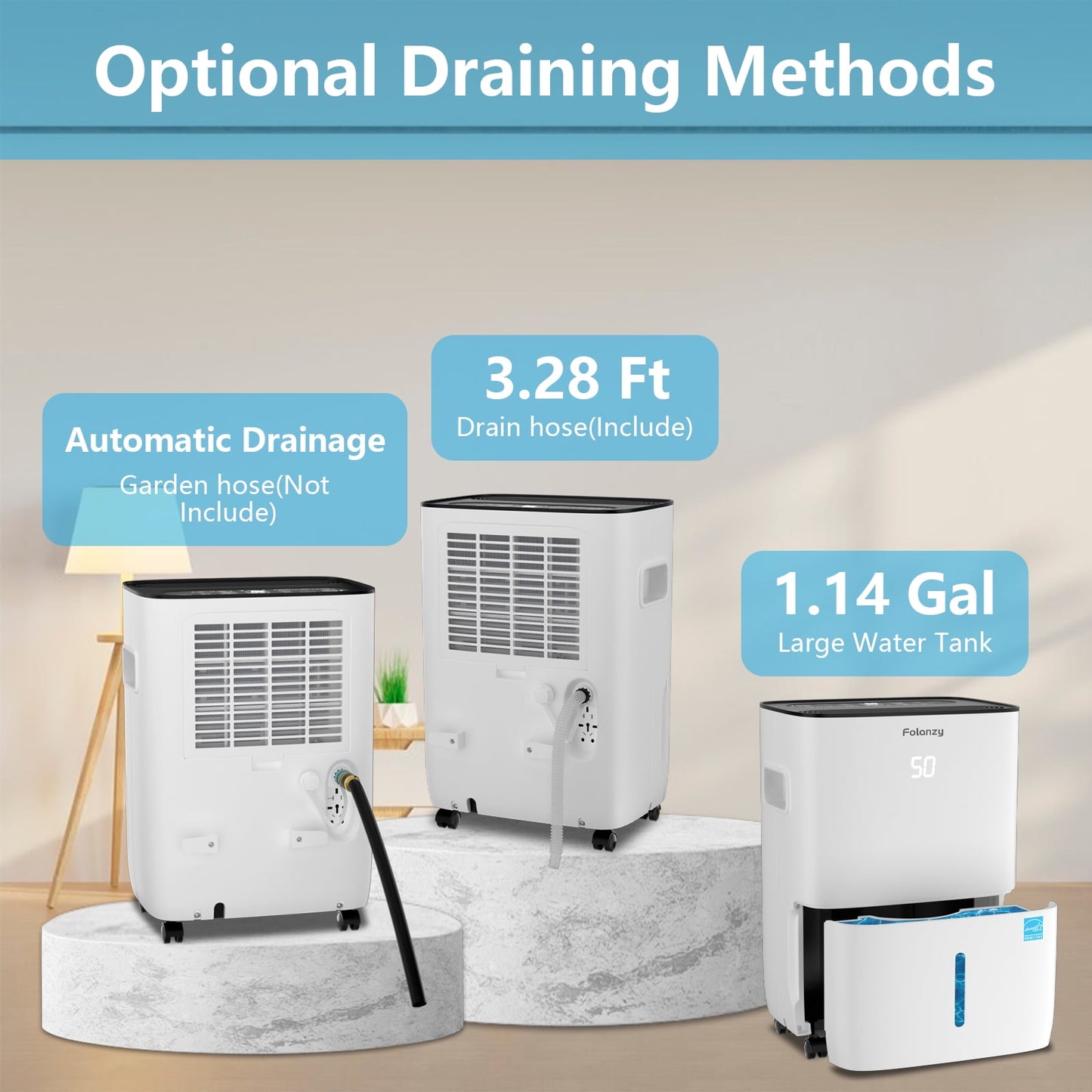 Folanzy 120 Pints Smart ENERGY STAR Dehumidifier for Home Basement Large Room Spaces up to 6,200 Sq. Ft with Drain Hose and Water Tank