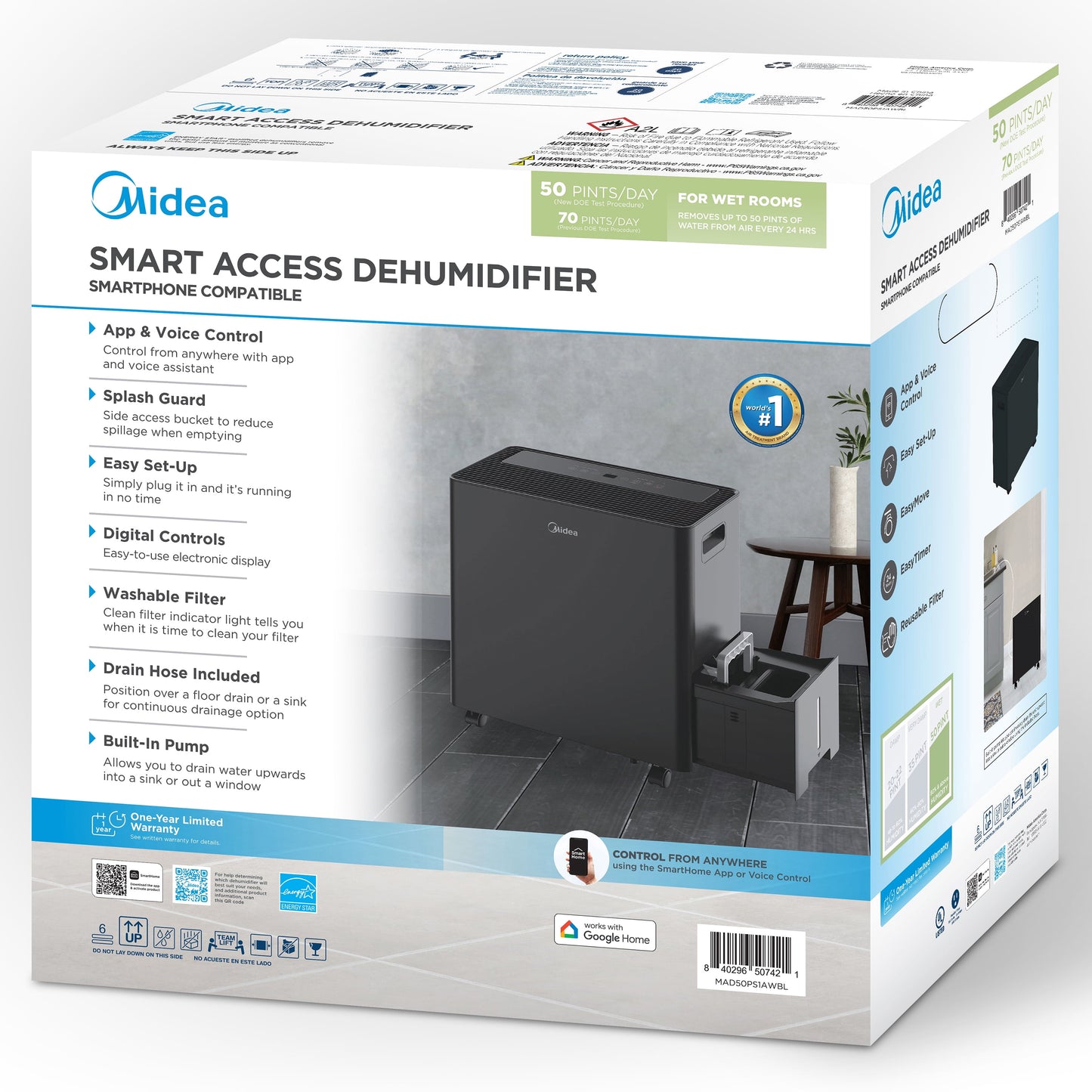 Midea 50-Pint Smart Access Dehumidifier with Built-in Pump, App and Voice Control, 4,500 Sq. ft. Coverage Area, New, MAD50PS1AWBL