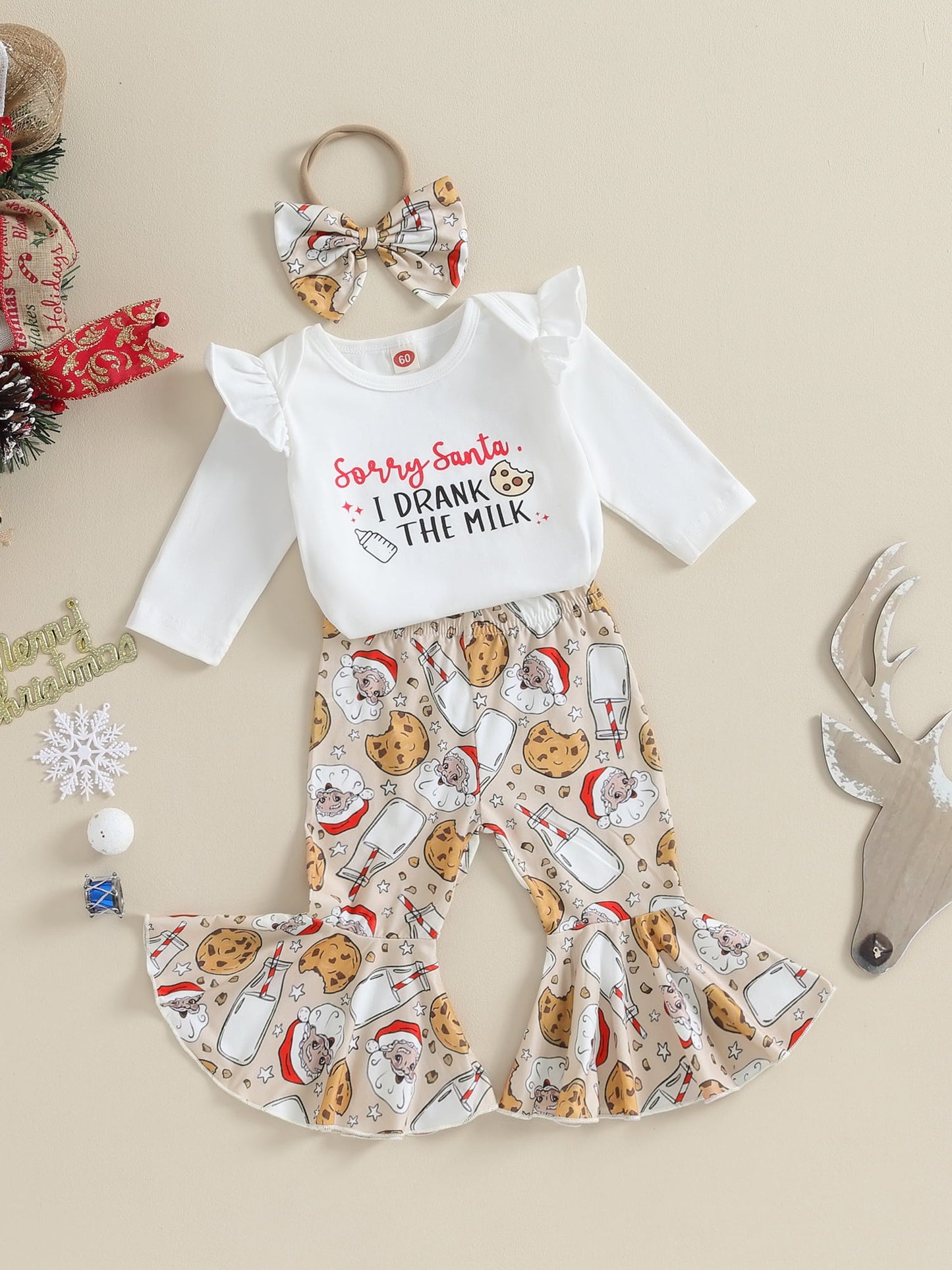 Newborn Baby Girls Clothes Christmas Outfits 3M 6M 12M Ruffle Long Sleeve Romper with Pants Headband Set