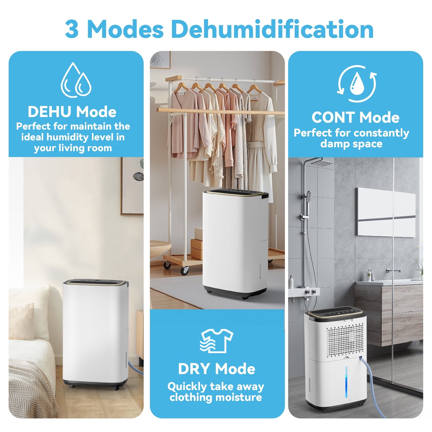 5000 Sq. Ft. Dehumidifier, Dehumidify/Dry/Feed Air Mode, Intelligent Humidity Control with Timer, Drainage Hose for Bedroom, Office, Basement, Laundry Room