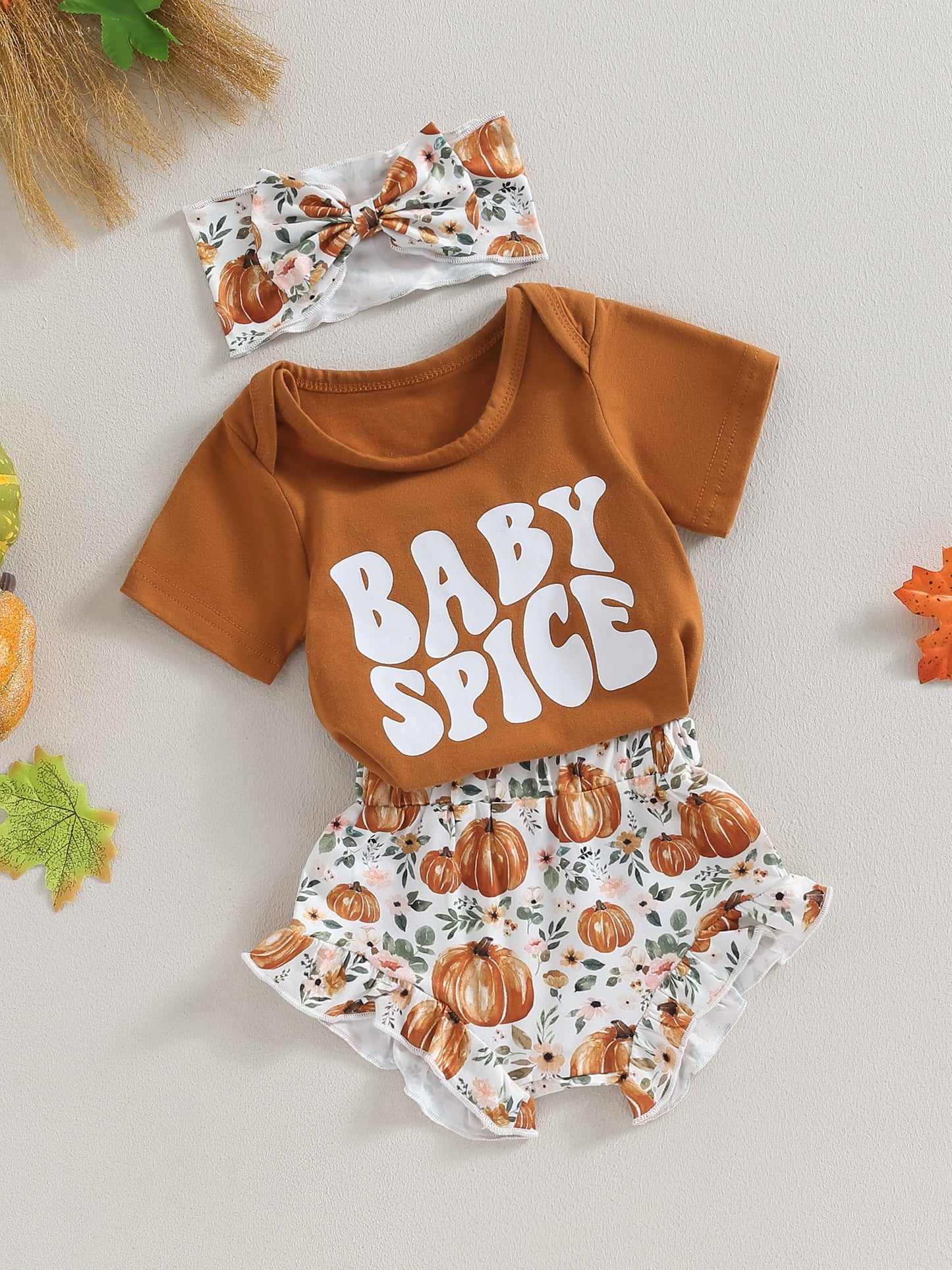 Canis 3-Piece Halloween Outfit for Baby Girls: Romper, Pumpkin Shorts, and Headband