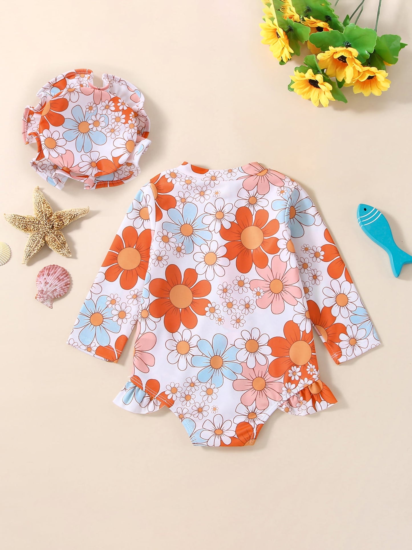 Baby Girls Swimsuit One Piece Floral Zipper Ruffle Bathing Suit Rash Guard Long Sleeve Summer Beach Swimwear