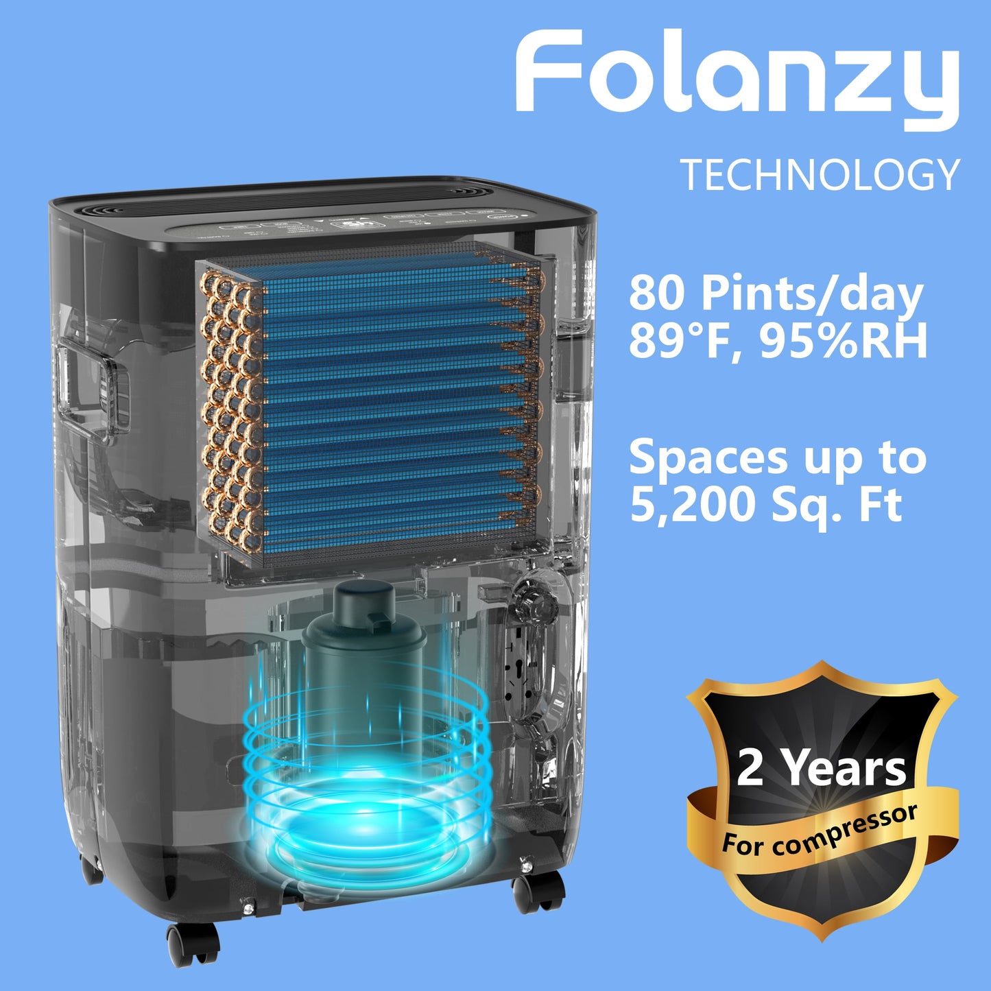 Folanzy 80 Pints Smart ENERGY STAR Dehumidifier for Home Basement Large Room Spaces up to 5,200 Sq. Ft with Drain Hose and Water Tank