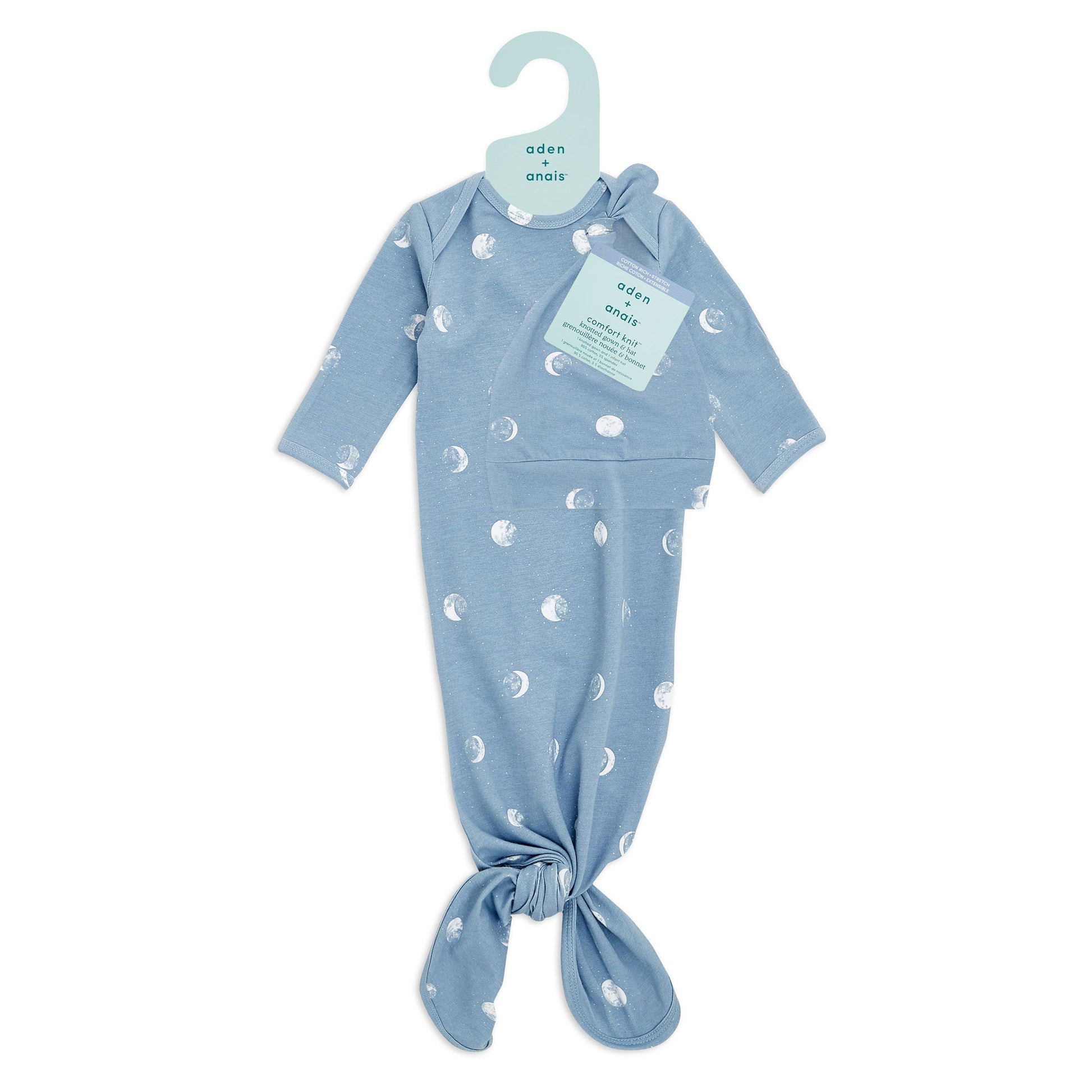 aden anais Comfort Knit Knotted Newborn Baby Gown and Hat, 2 Piece Set, 0-3 Months Blue Moon