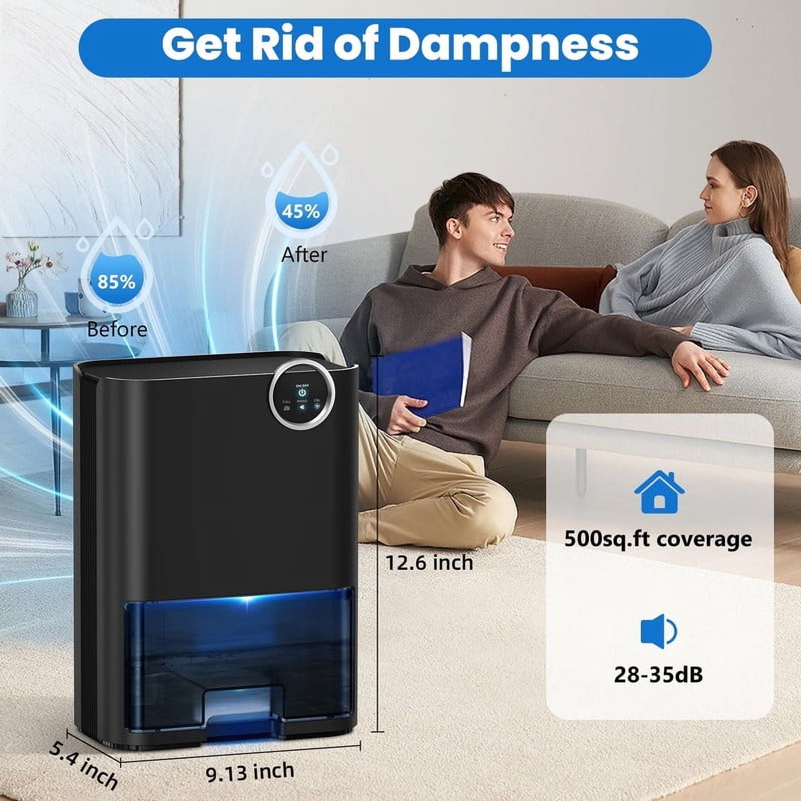 SZRSTH Dehumidifier for Home, 70 OZ Water Tank (500 sq ft) Auto Shut off Small Dehumidifiers for Bedroom Bathroom with 5 Colors LED Lights, Black