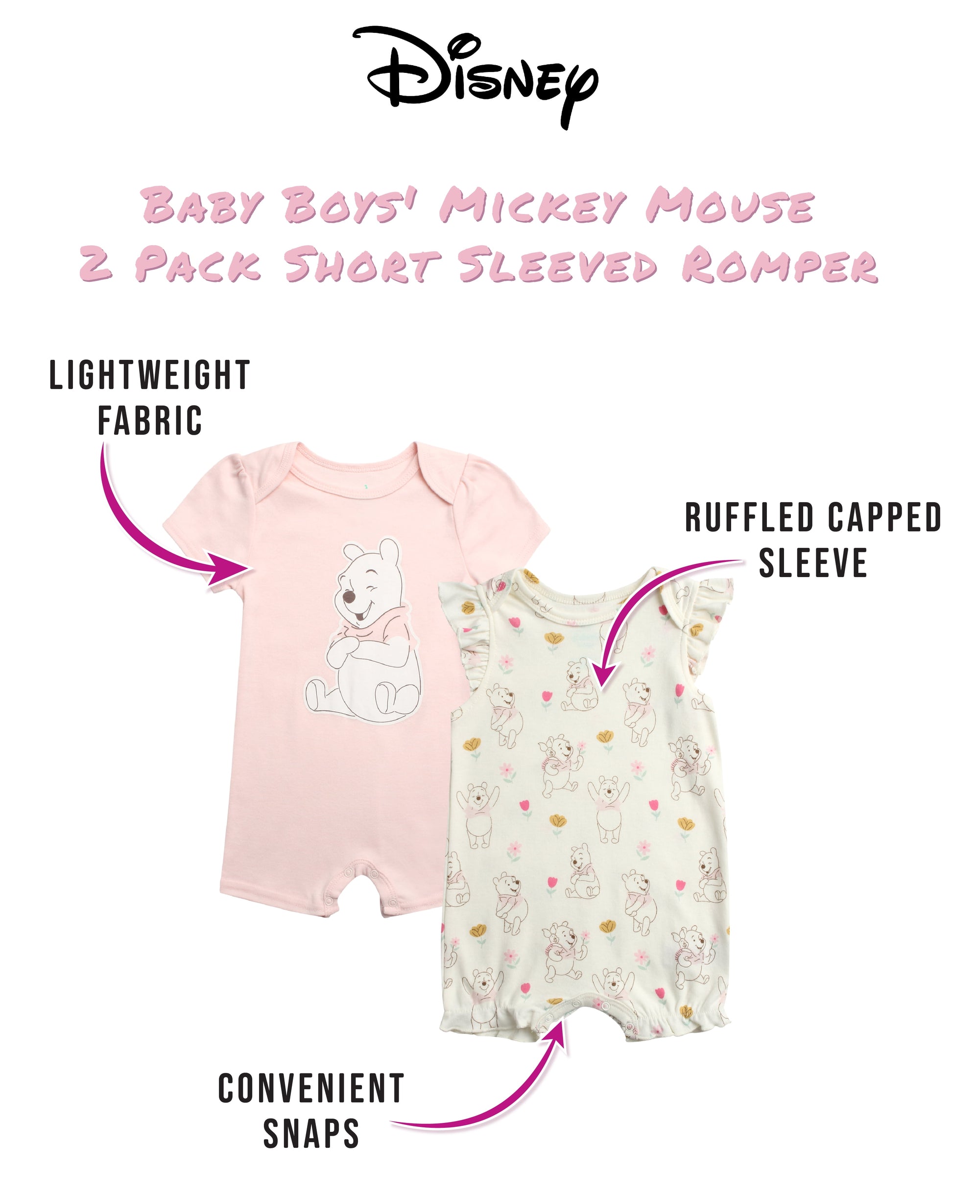 Disney Baby Girls Romper - 2 Pack Minnie Mouse Pooh Little Mermaid Short Sleeve Bodysuit (Newborn/Infant)