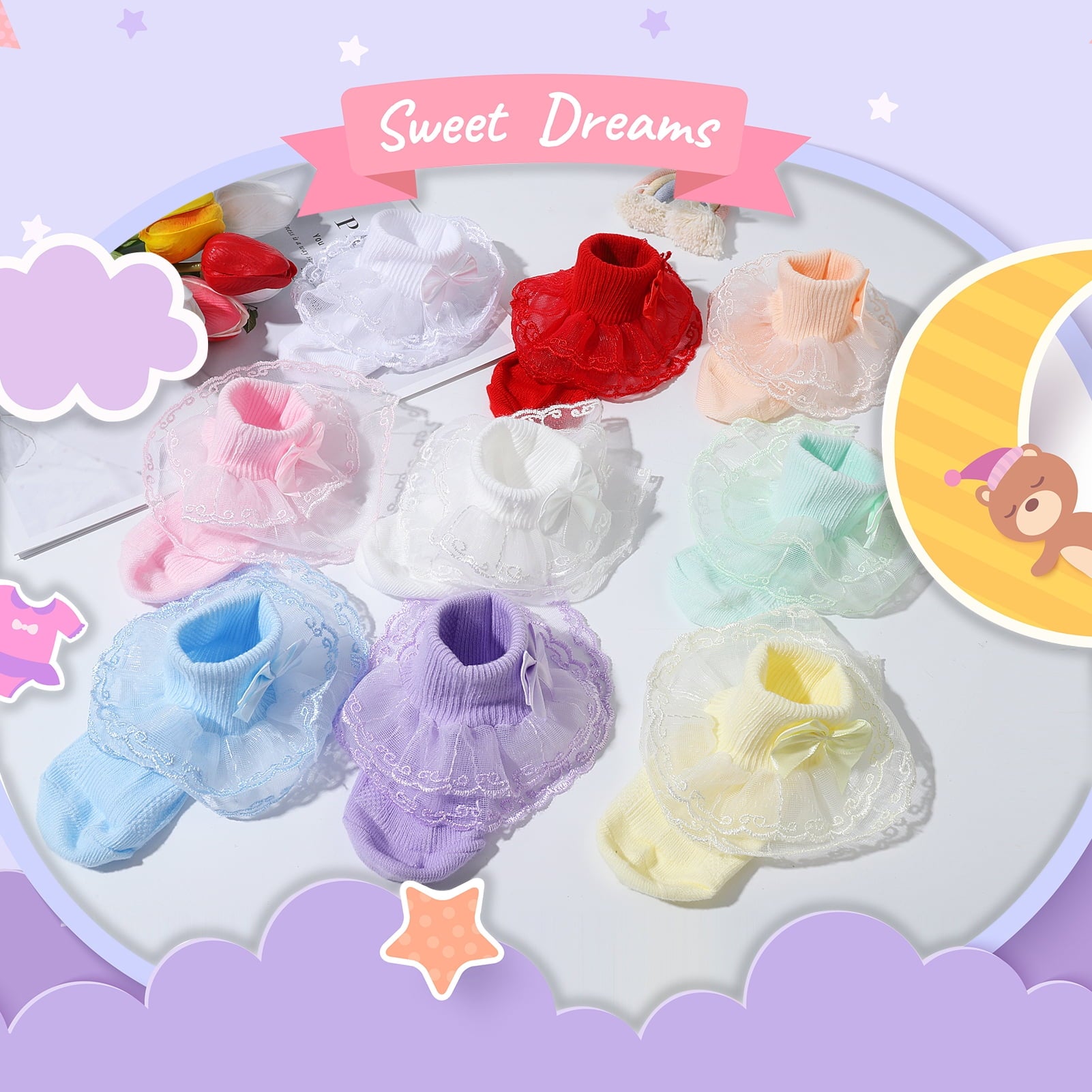 Qweryboo Toddler Ruffle Socks for Girls, Baby Frilly Lace Socks, Cute Princess Frilly Socks Lace Cotton Socks Infant Dress Socks for Newborn Infants Toddlers / 9 Pairs - 6-12 Months