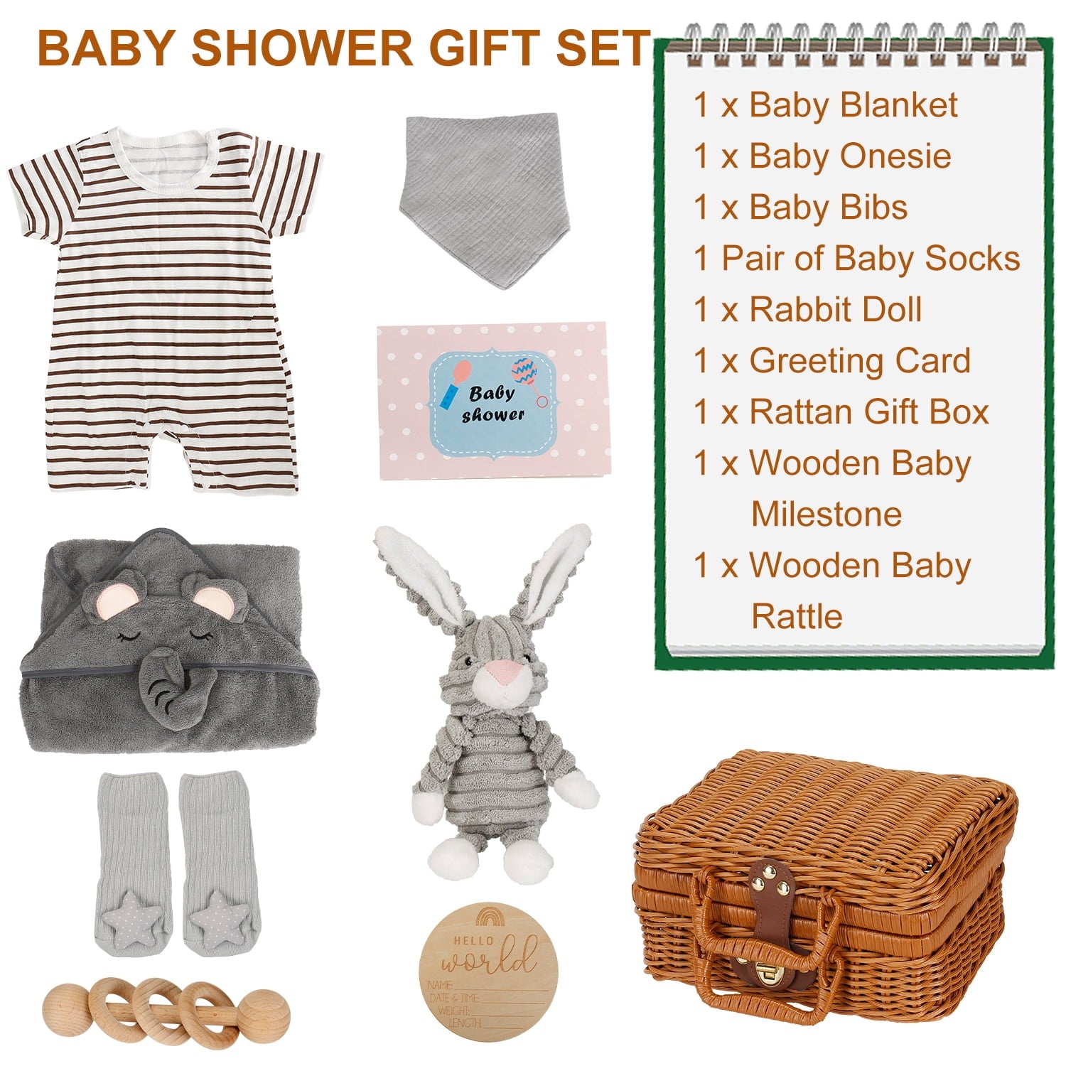 Nbpower 9Pcs Baby Shower Gifts for Boys Girls, Woven Baby Gift Basket Includes Baby Onesie Blanket Bibs Socks Rattle Rabbit Doll Milestone Greeting Card, Unique Baby Gift Set Essentials for Newborn