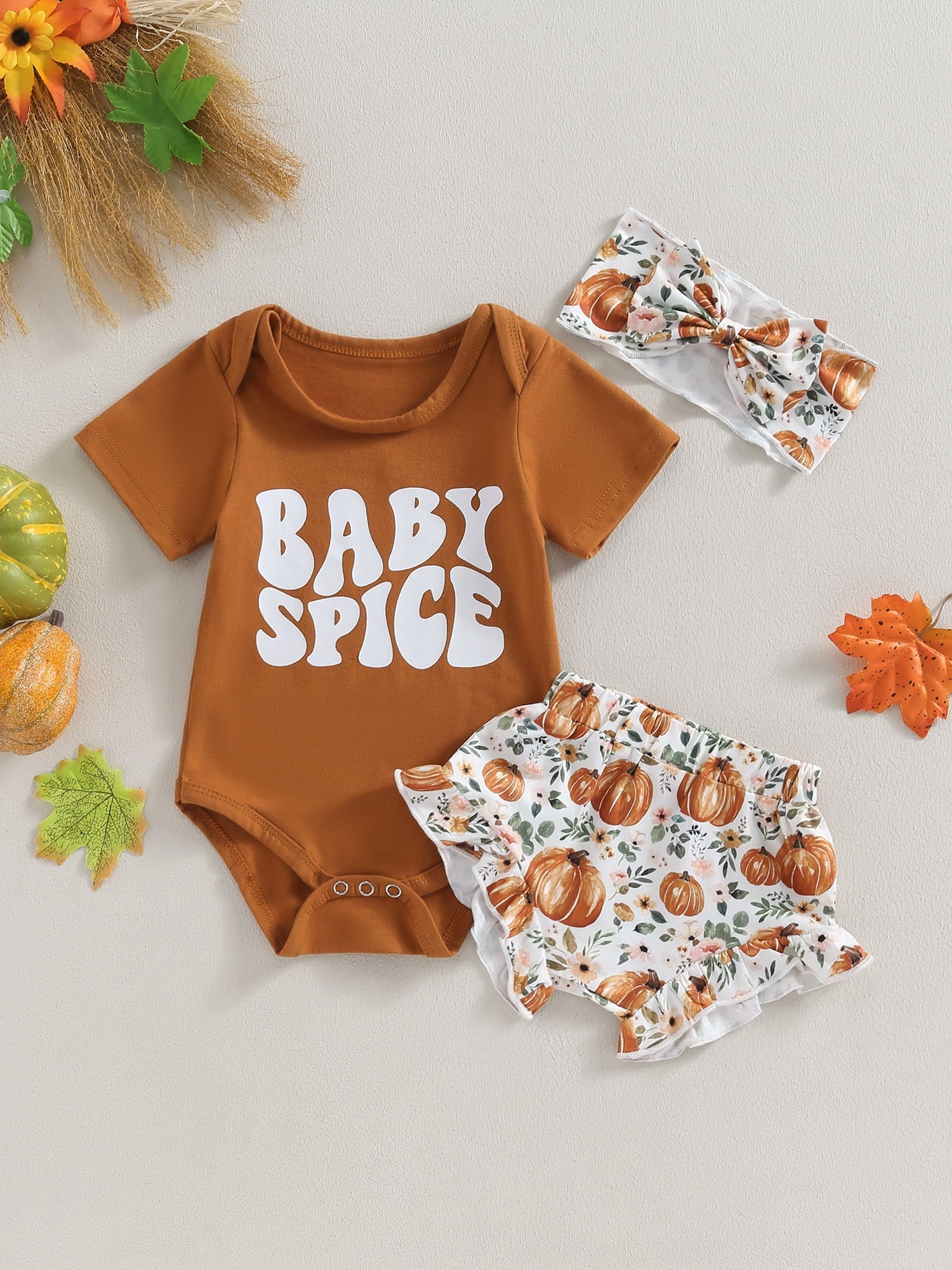 Canis 3-Piece Halloween Outfit for Baby Girls: Romper, Pumpkin Shorts, and Headband