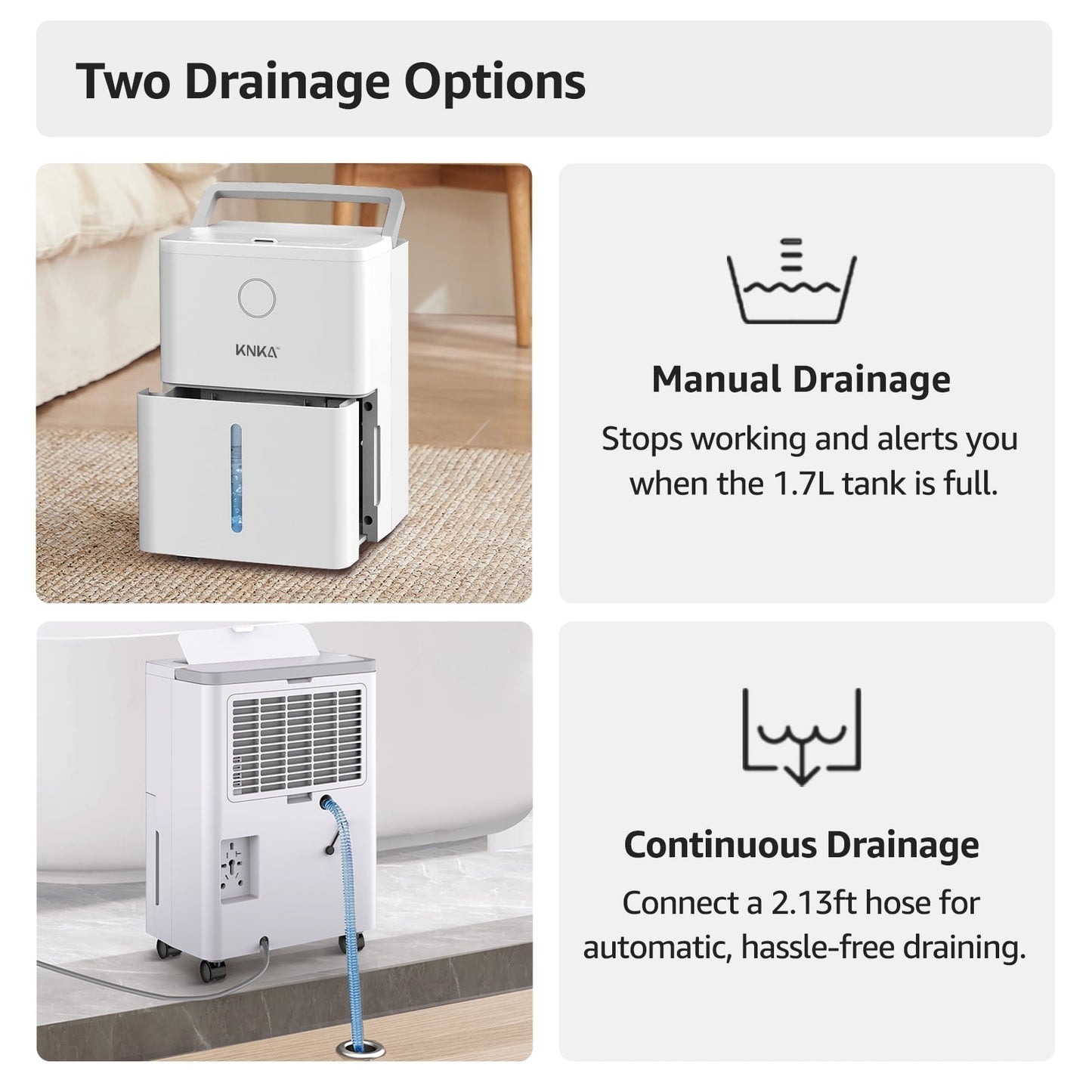KNKA 19 Pints Dehumidifier for Home with Drain Hose, 1300Sq.Ft., Smart Humidity Control, LCD Display