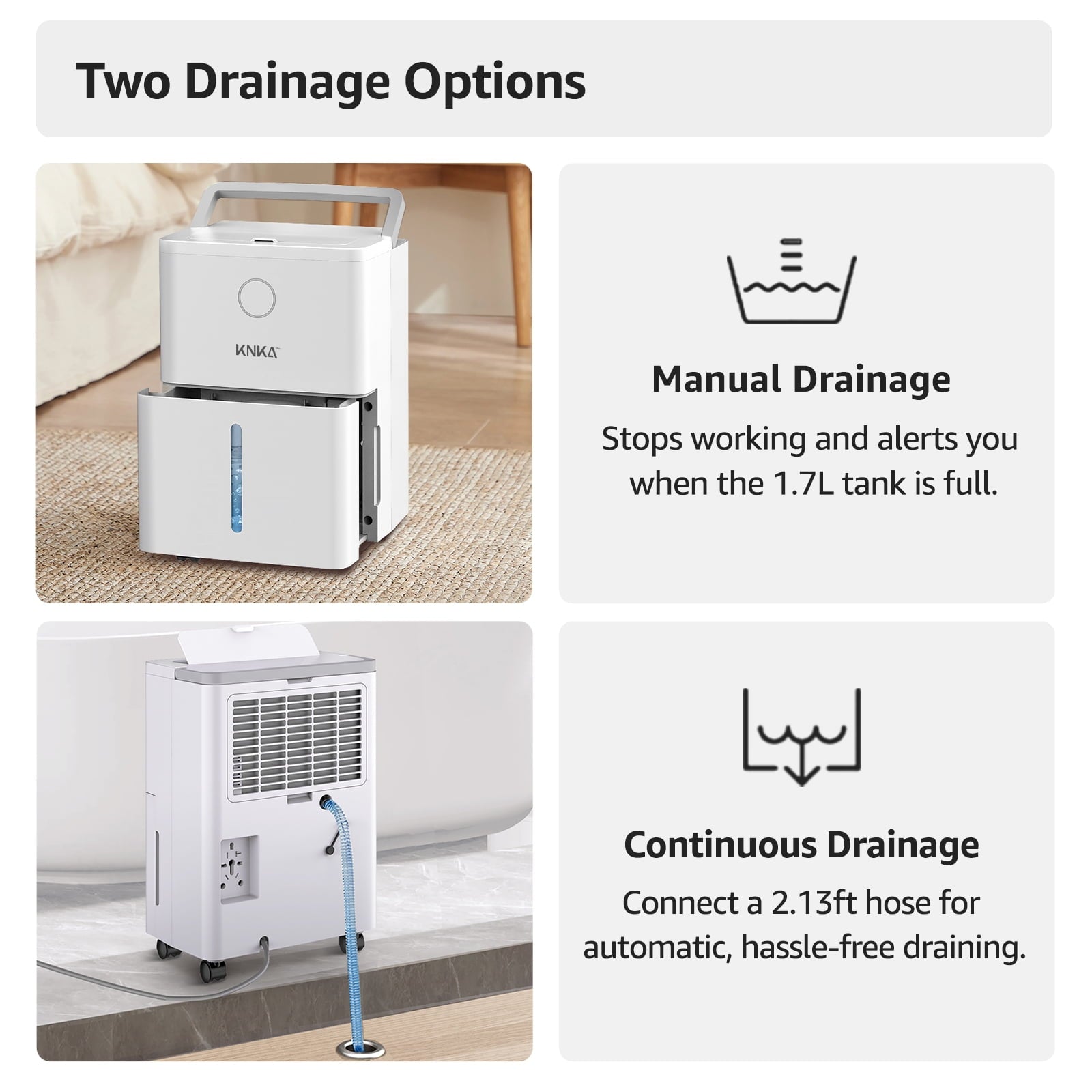 KNKA 19 Pints Dehumidifier for Home with Drain Hose, 1300Sq.Ft., Smart Humidity Control, LCD Display