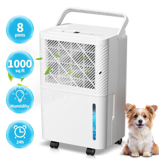 KISSAIR 8 Pints(DOE) Dehumidifier, Max 1000 Sq. Ft Coverage Area with 0.55 gal Water Tank, 24H Timer, Auto Defrost & Drain, Portable Dehumidifier, Basement, Bathroom, Laundry Room