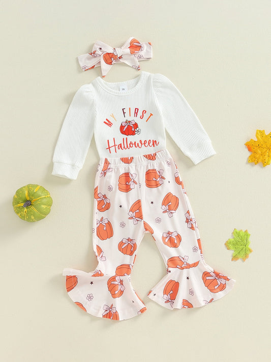 Baby Girl 3Pcs Set Halloween Outfits Long Sleeve Romper Pants and Headband Set Cute Holiday Clothes