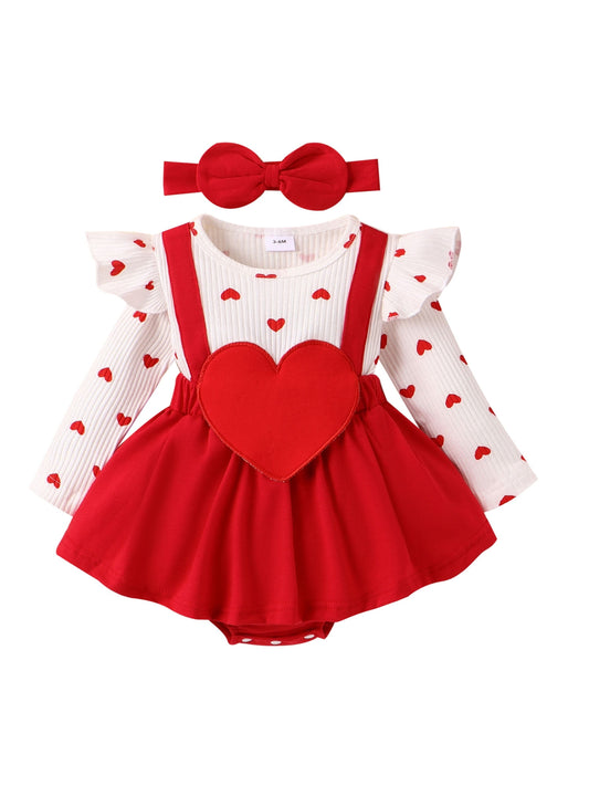 Bslissey 3M 6M 9M 12M 18M Baby Girls Valentine's Day Romper Dress Heart Letter Print Ruffles Long Sleeve Patchwork Jumpsuit with Headband for Newborn Infant Clothes