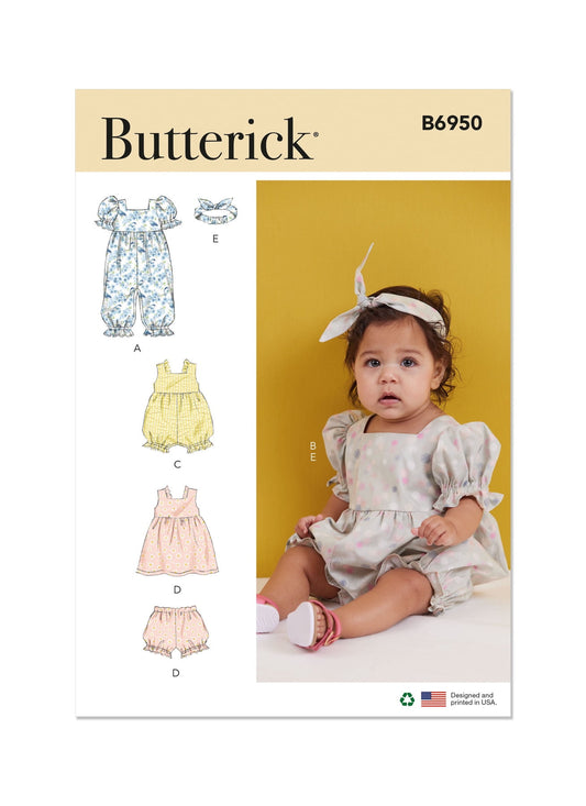 Butterick Sewing Pattern 6950 - Babies' Rompers, Dress, Bloomers and Headband, Size: A (XS-S-M-L)