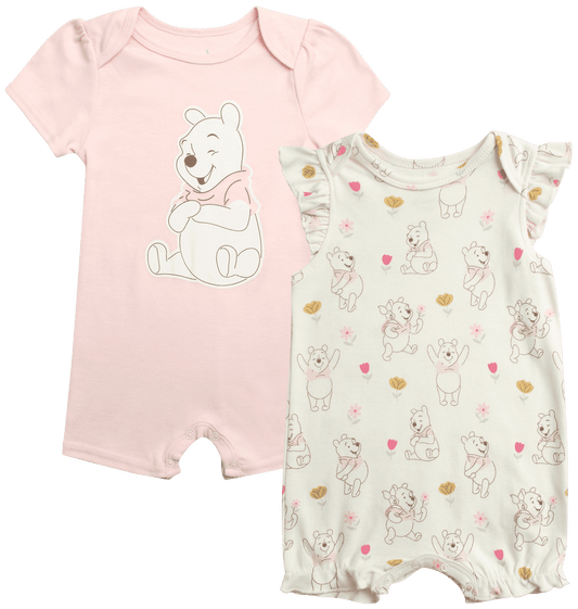 Disney Baby Girls Romper - 2 Pack Minnie Mouse Pooh Little Mermaid Short Sleeve Bodysuit (Newborn/Infant)