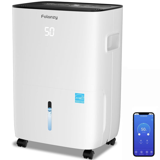 Folanzy 120 Pints Smart ENERGY STAR Dehumidifier for Home Basement Large Room Spaces up to 6,200 Sq. Ft with Drain Hose and Water Tank