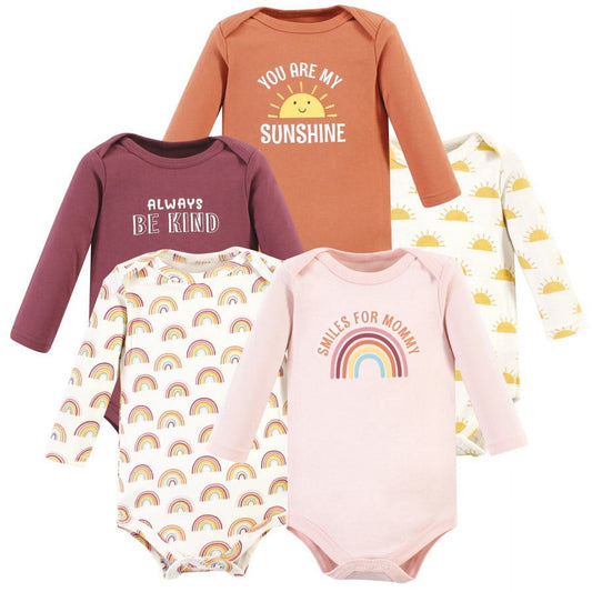 Hudson Baby Infant Girl Cotton Long-Sleeve Bodysuits, Sunshine Rainbows 5-Pack, 9-12 Months