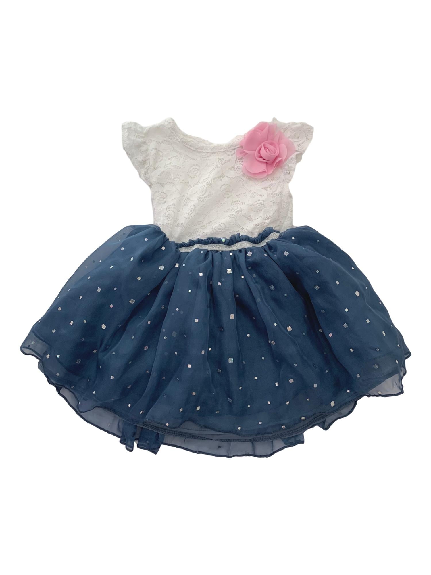 Infant Baby Girls Blue Sparkle & White Lace Pink Flower Dress 2T