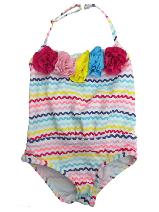 Infant Girls Colorful Zigzag Stripe Rosette 1 Piece Swimming Suit 3-6m