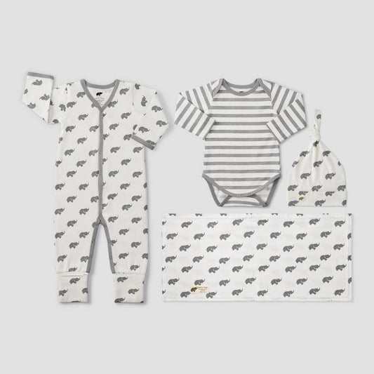 Monica + Andy Baby Striped & Elephant Print Layette Set, Gray, 3-6M, 4-Piece