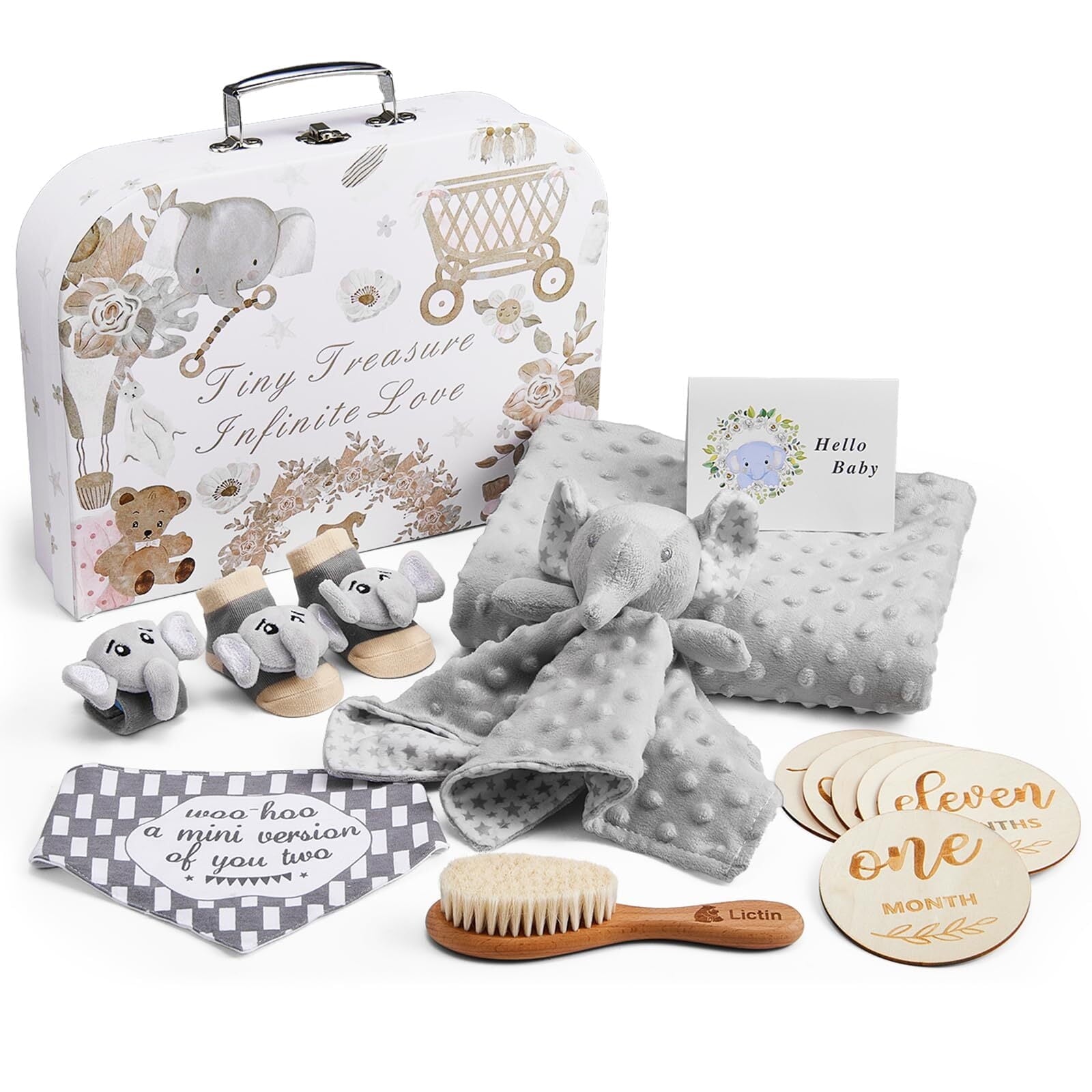 Lictin Baby Gift Set for Boys Girls, 14PCS Baby Shower Gifts, Neutral Newborn Gifts Basket with Baby Blanket, Monthly Milestone Cards, Elephant Security Blanket, Rattle Socks and Wrist