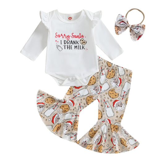 Newborn Baby Girls Clothes Christmas Outfits 3M 6M 12M Ruffle Long Sleeve Romper with Pants Headband Set