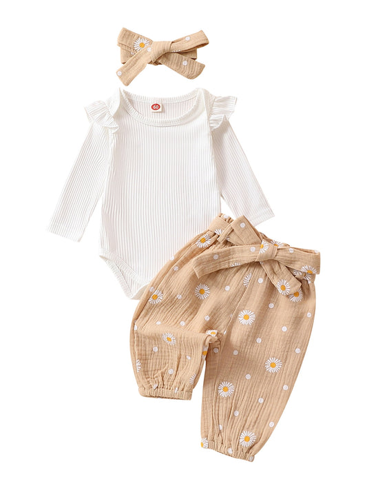 Qtinghua Newborn Baby Girls Fall Clothes Long Sleeve Ruffle Romper Daisy Print Belted Pants Headband Set Apricot 0-3 Months