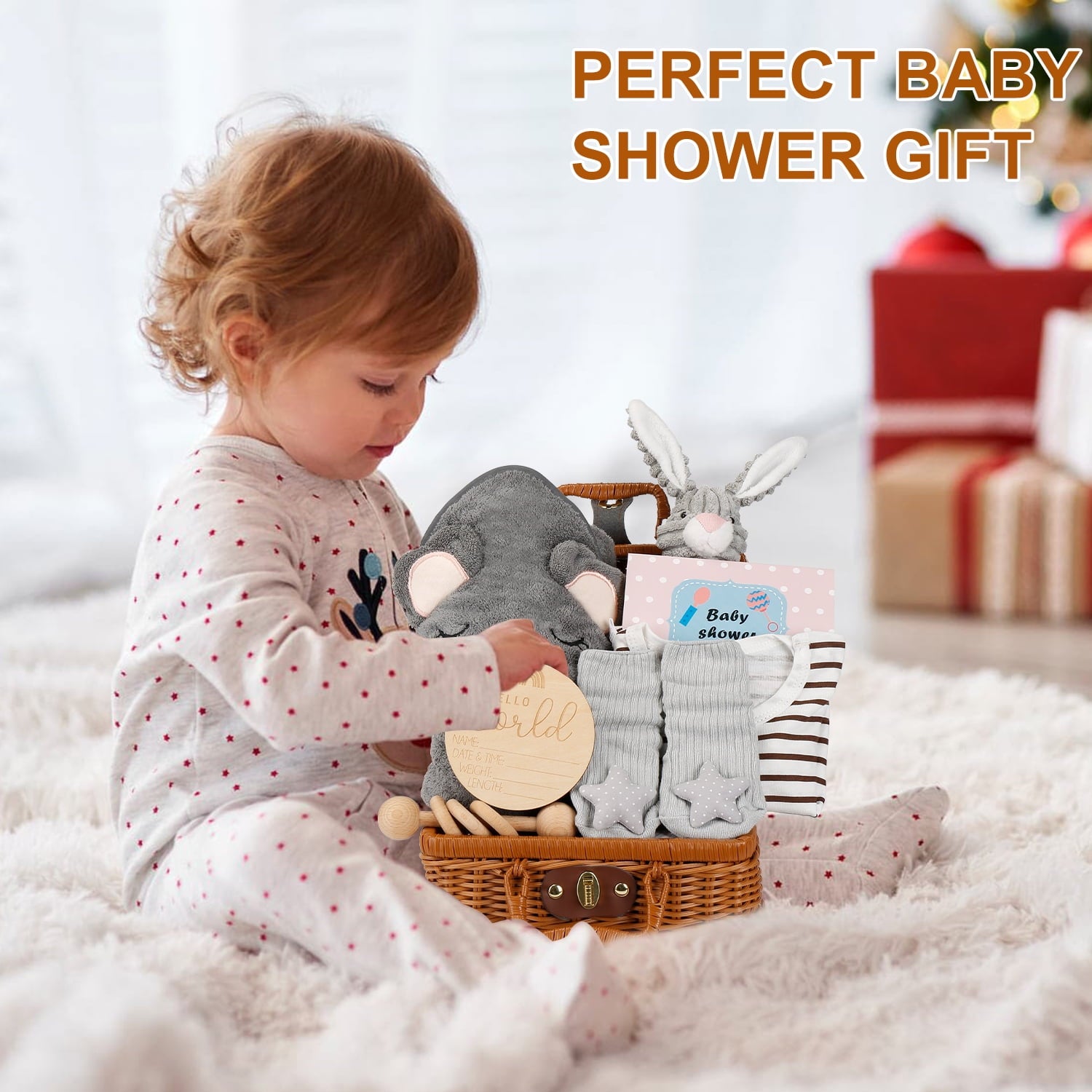 Nbpower 9Pcs Baby Shower Gifts for Boys Girls, Woven Baby Gift Basket Includes Baby Onesie Blanket Bibs Socks Rattle Rabbit Doll Milestone Greeting Card, Unique Baby Gift Set Essentials for Newborn