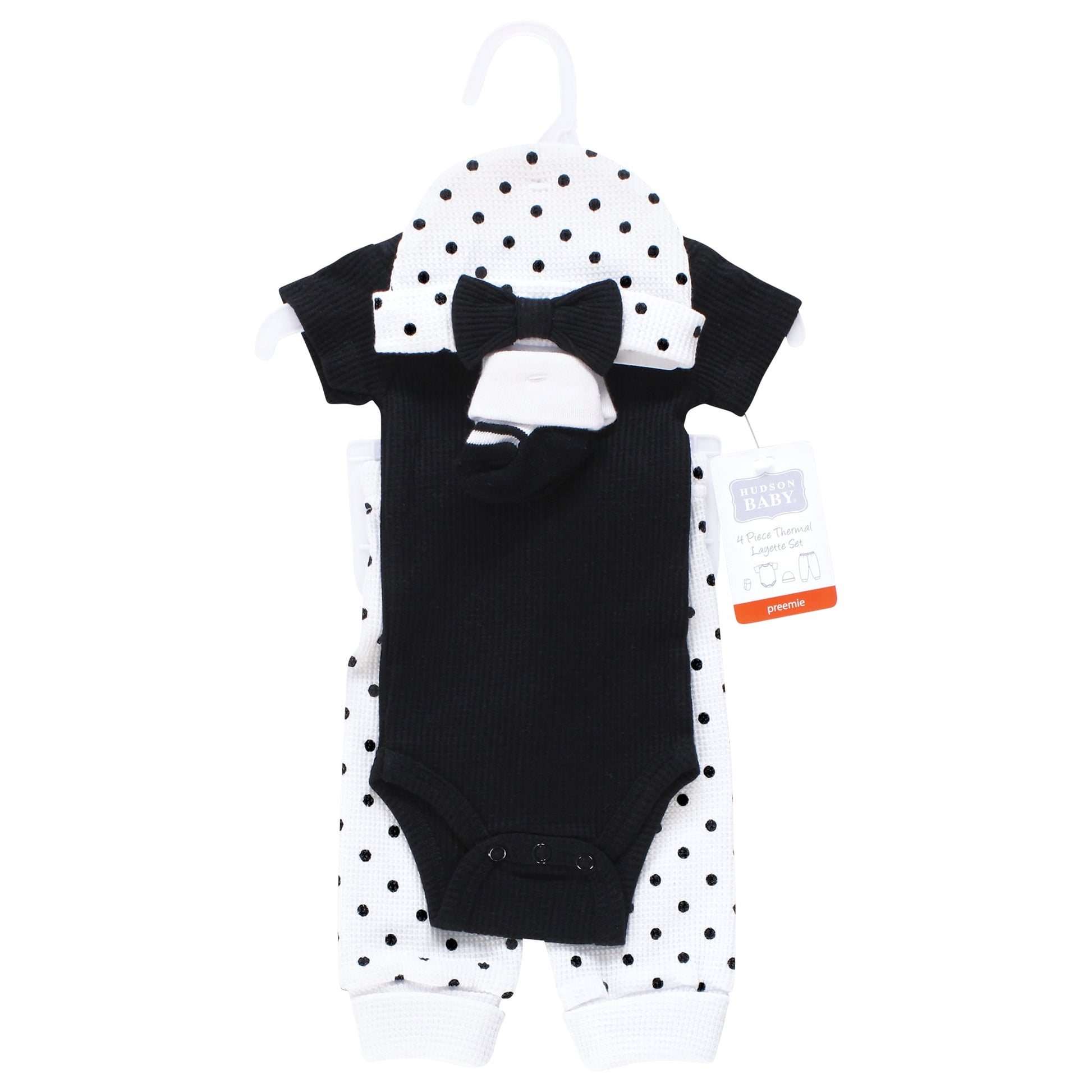 Hudson Baby Girls Thermal Preemie Layette Set 4pc Short Sleeve Outfit, Black White Dots, Preemie