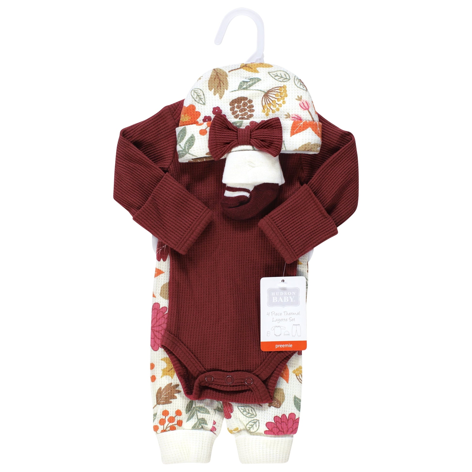 Hudson Baby Girls Thermal Preemie Layette Set 4pc Long Sleeve Outfit, Acorn Botanical, Preemie
