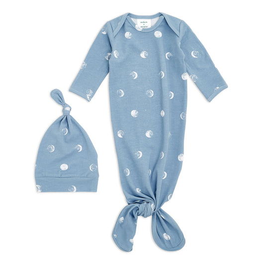 aden anais Comfort Knit Knotted Newborn Baby Gown and Hat, 2 Piece Set, 0-3 Months Blue Moon