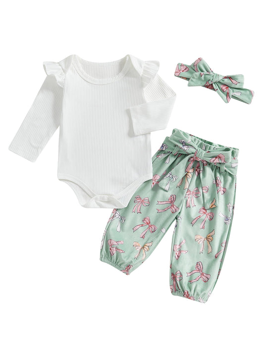aturustex Toddler Girls 3PCS Pants Outfits 0 3M 6M 12M 18M Infant Baby Long Sleeve Bodysuits O Neck Romper Solid Ribbed Jumpsuits Bow Print Pants Headashion Loose Casual Daily Floral Clothes