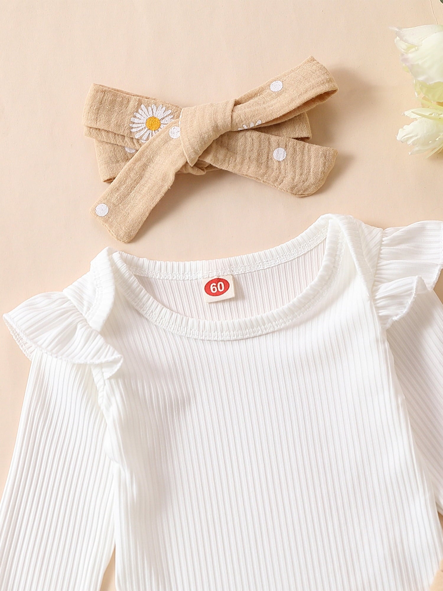Qtinghua Newborn Baby Girls Fall Clothes Long Sleeve Ruffle Romper Daisy Print Belted Pants Headband Set Apricot 0-3 Months