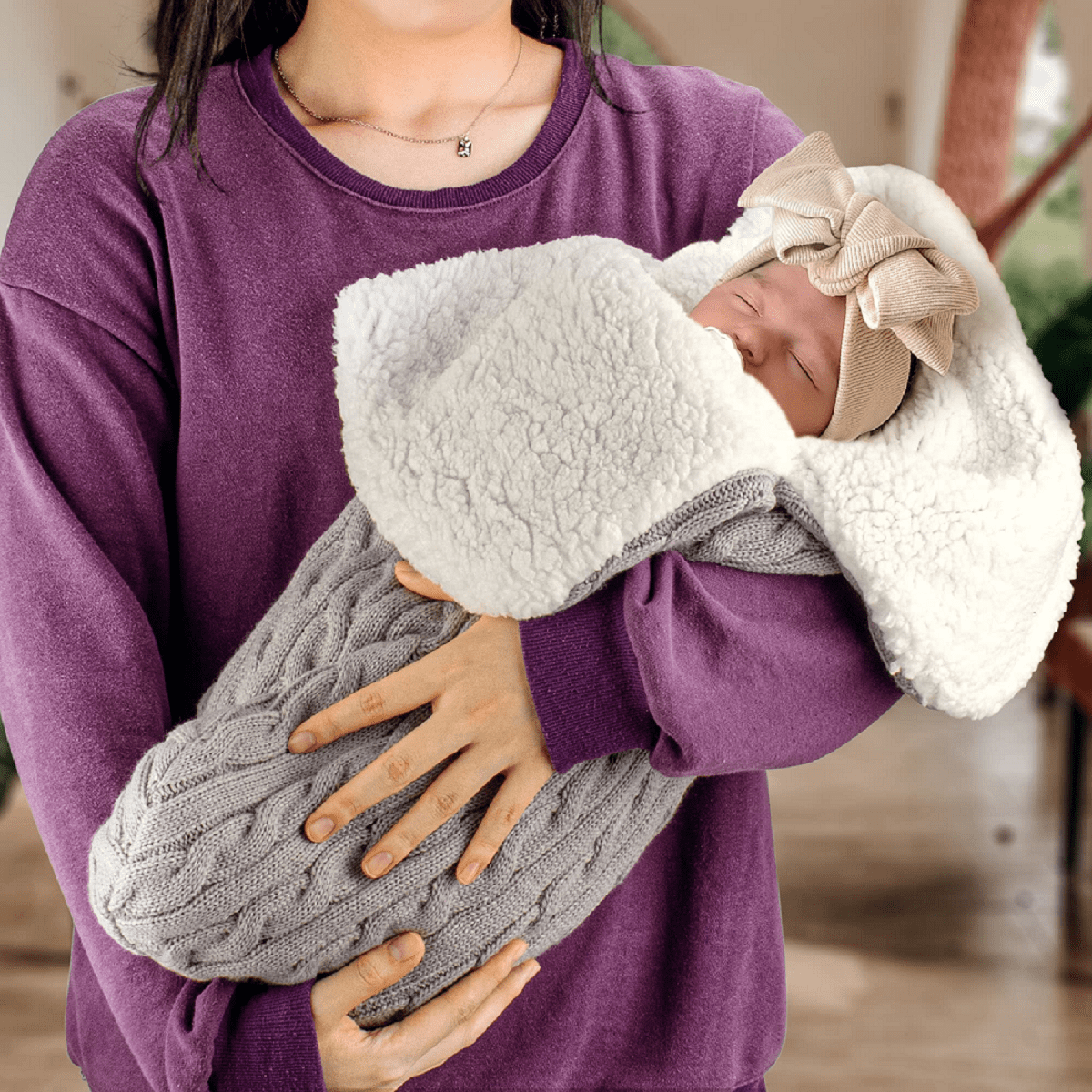 Mygeromon Newborn Swaddle Winter 0-3-6 Month Baby Wrap Blanket Warm Knit Sleeping Bag Fleece for Baby Boys Girls (Grey)