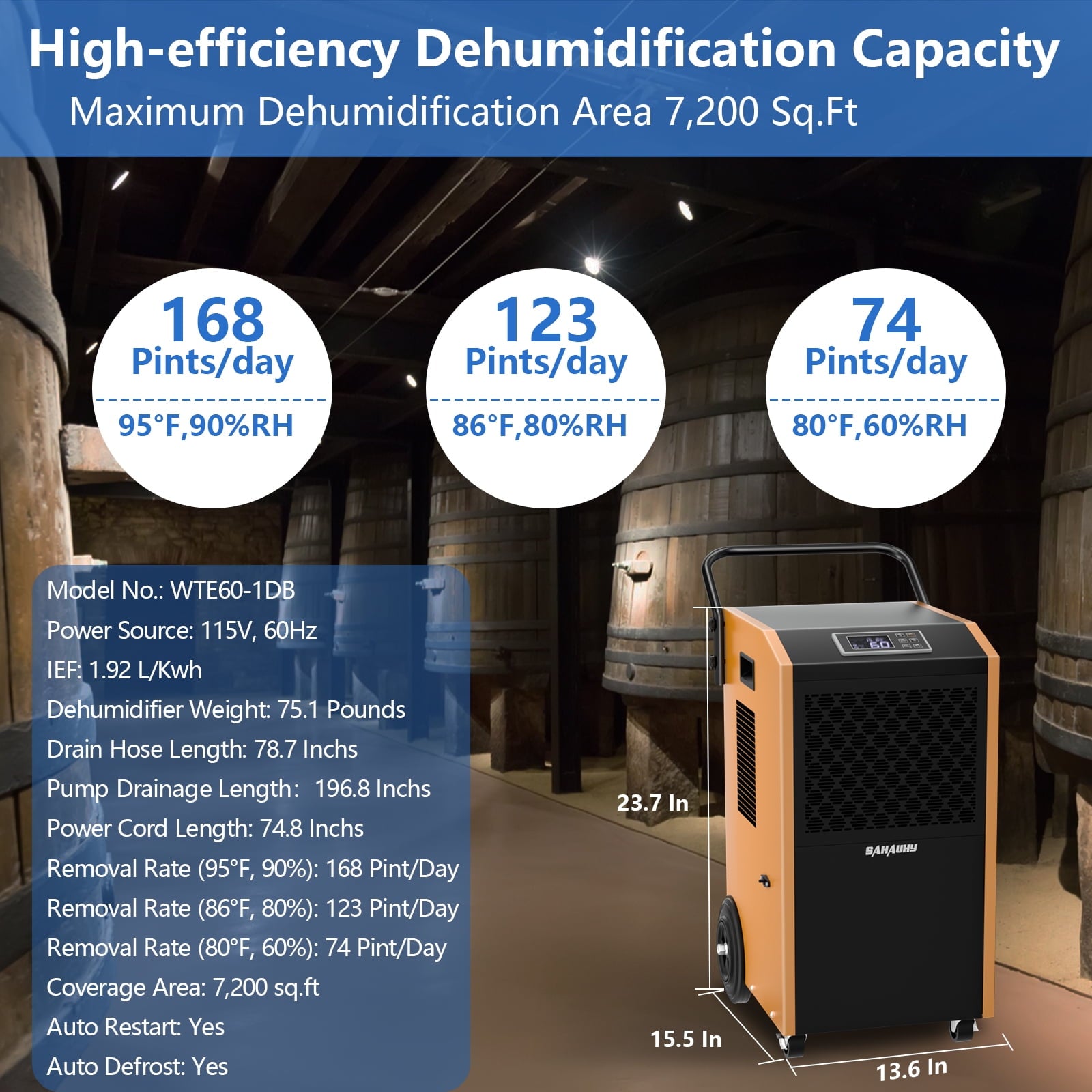 SAHAUHY 168 Pints Commercial Dehumidifier with Pump and Drain Hose for Basements Home and Large Spaces up to 7,200 Sq Ft